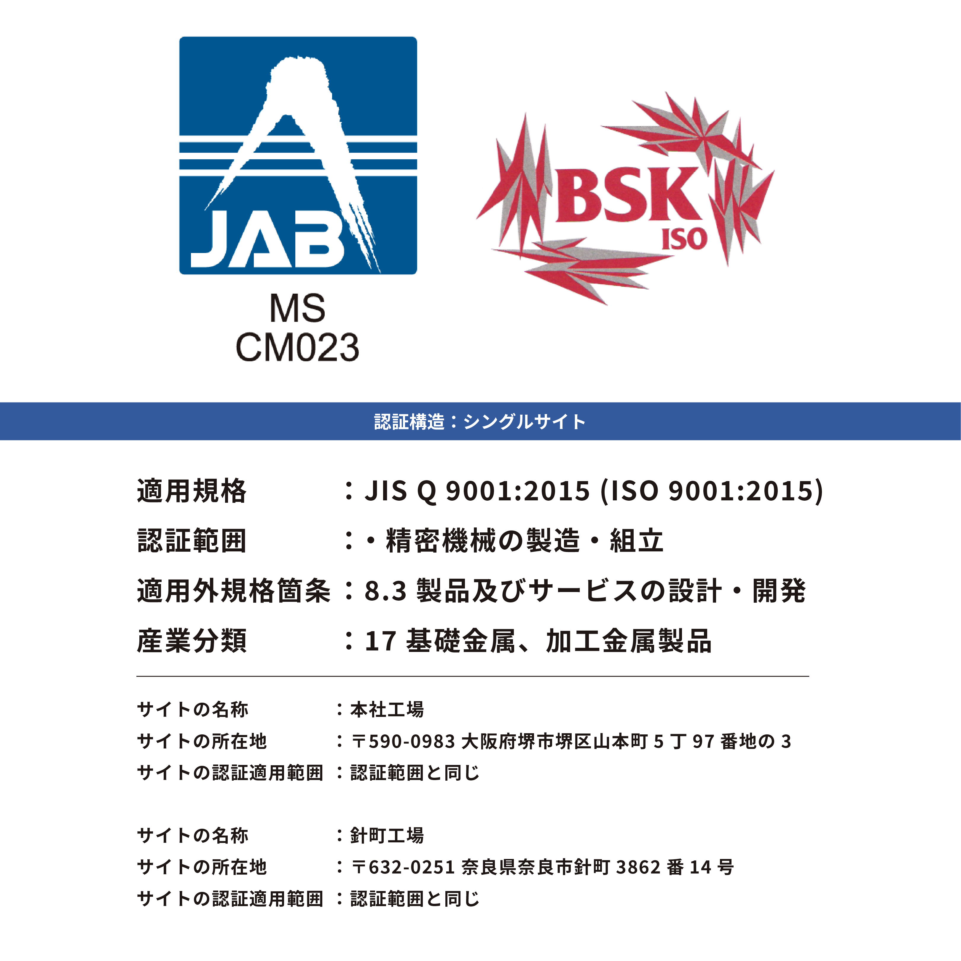 MS JAB・BSK ISO／認証構造:シングルサイト／適用規格：JIS Q 9001:2015 (ISO 9001:2015)／認証範囲:・精密機械の製造・組立／適用外規格箇条：8.3 製品及びサービスの設計・開発／產業分類：17 基礎金属、加工金属製品／サイトの名称：本社工場／サイトの所在地：〒590-0983 大阪府堺市堺区山本町5丁97番地の3／サイトの認証適用範囲：認証範囲と同じ／サイトの名称：針町工場／サイトの所在地：〒632-0251 奈良県奈良市針町 3862 番14号／サイトの認証適用範囲：認証範囲と同じ